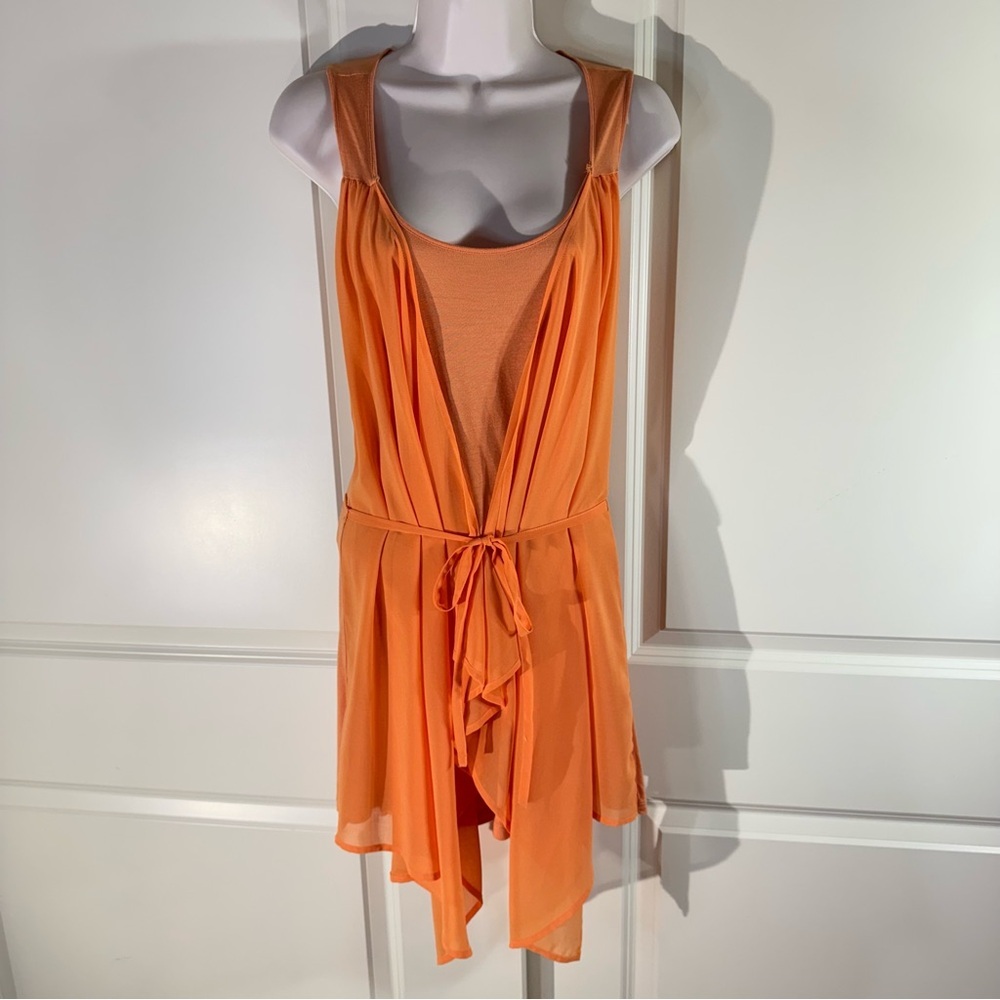 Design History Tunic Top with Scarf Like Overlay and Tie Orange Medium